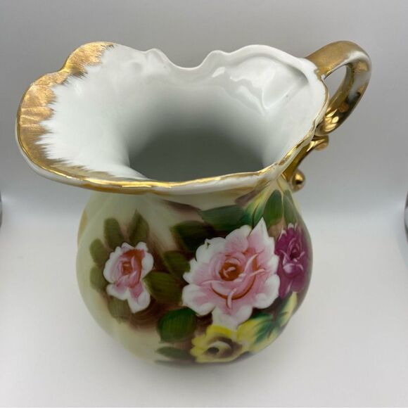 Vintage Porcelain Rose‑Pattern Pitcher with Gold Accents – Approx 6″x6.5 - Picture 2 of 8